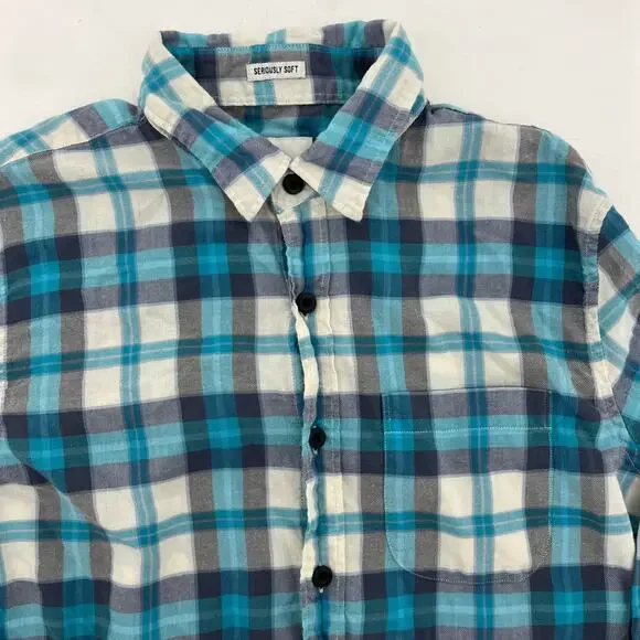 American Eagle Mens M Button Up Flannel Shirt Purple Blue Plaid Seriously Soft - Picture 2 of 10
